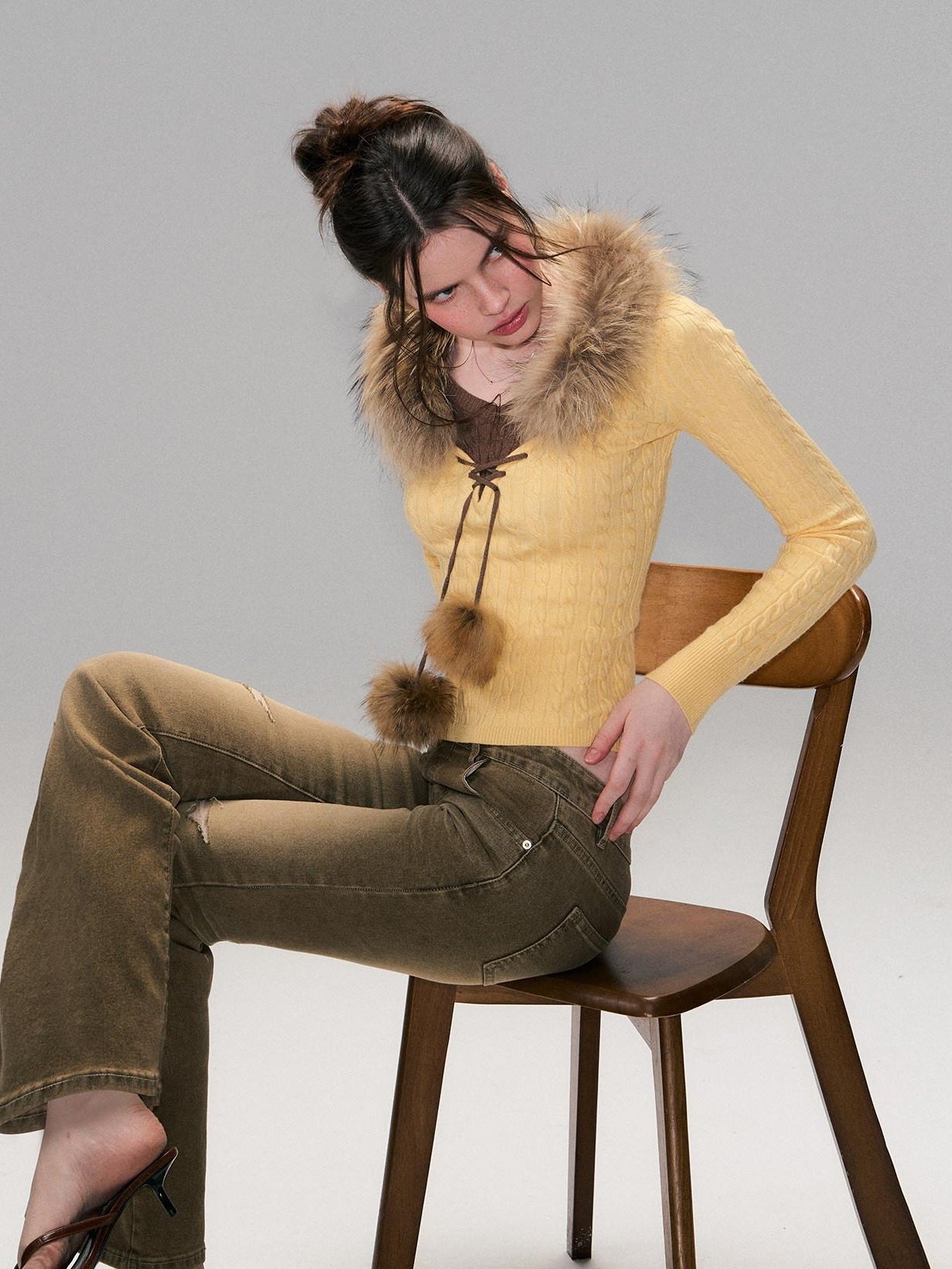 The NeverMore Viscose Blend Slim Fit Faux Layered Cropped Knit Pullover Girls Yellow Sweaters