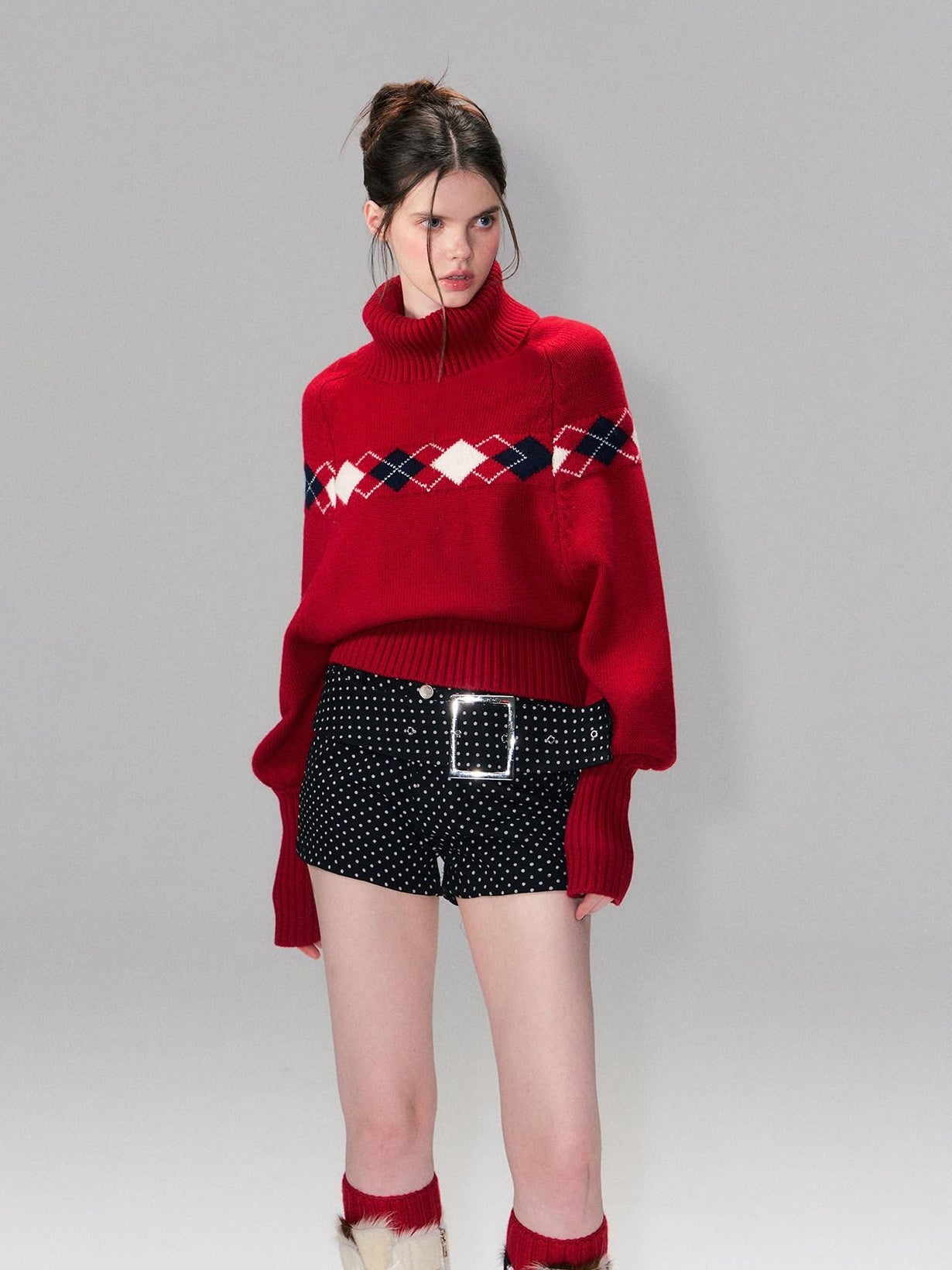 The NeverMore Warm Wool Pullover Vintage Jacquard Cape Batwing Women High Neck Red Sweaters