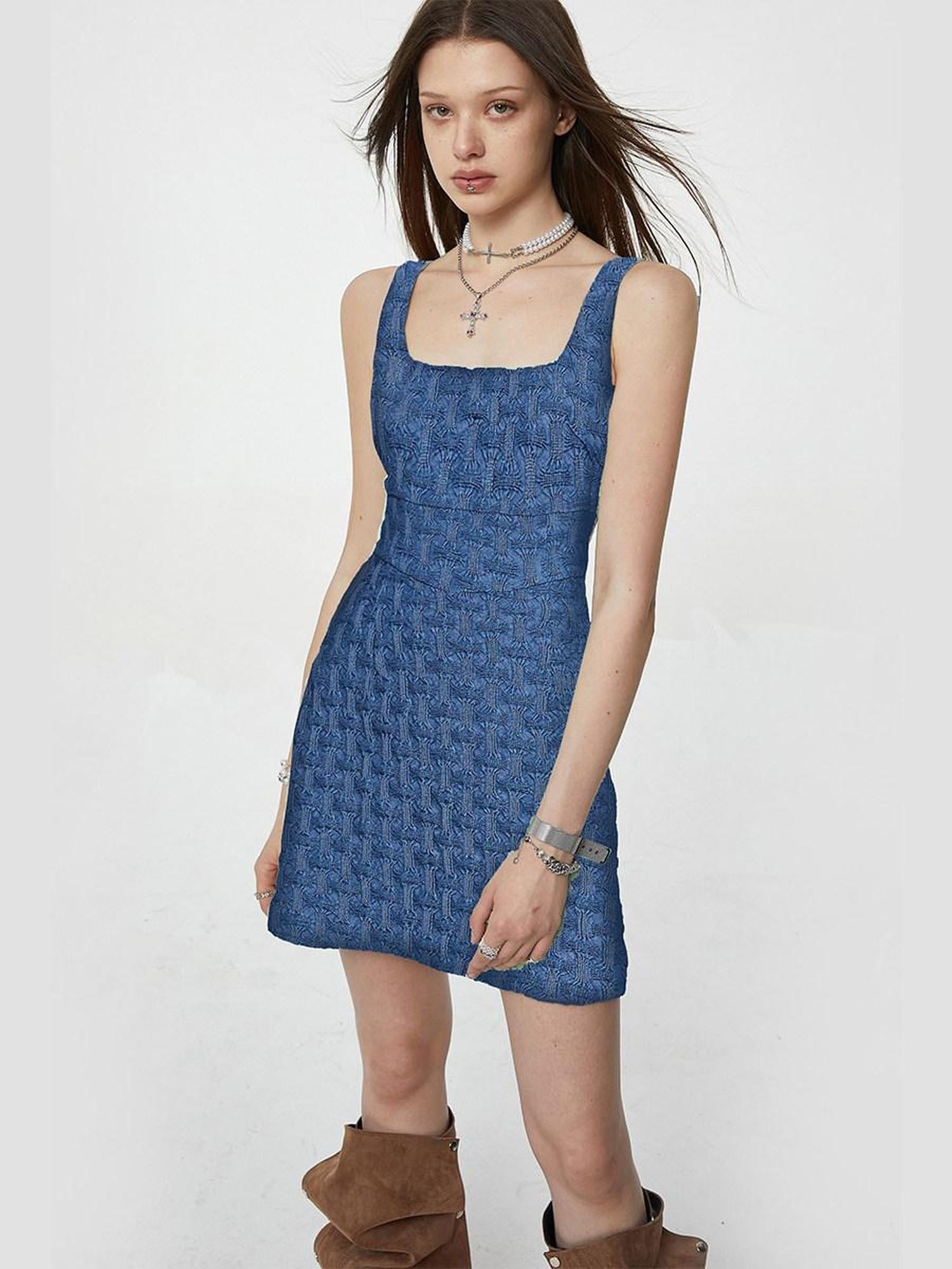 The NeverMore Embroidered High Waist Cotton A Line Square Neck Casual Women Blue Mini Dresses