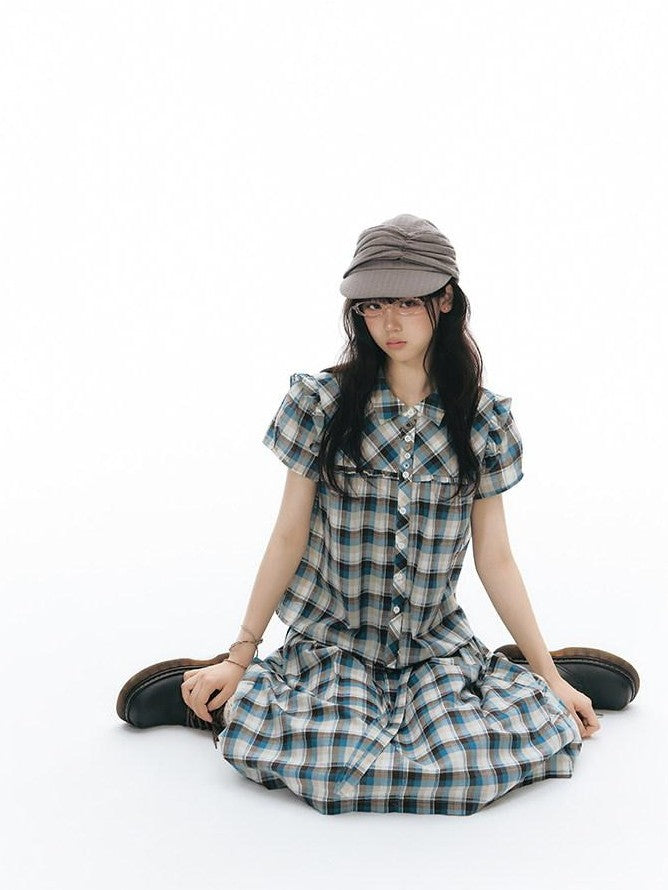 NAPSNAPS Blue Plaid Ruffle Puff Sleeve Button Tie Women&