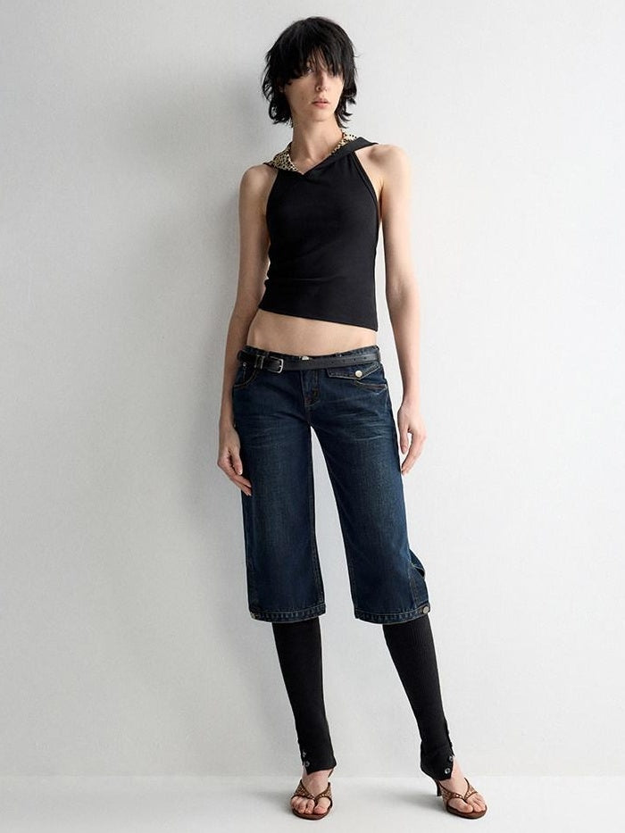 RUN TO THE FUTURE Durable Vintage Deep Blue Casual Low Rise Straight Fit Zipper Denim Shorts