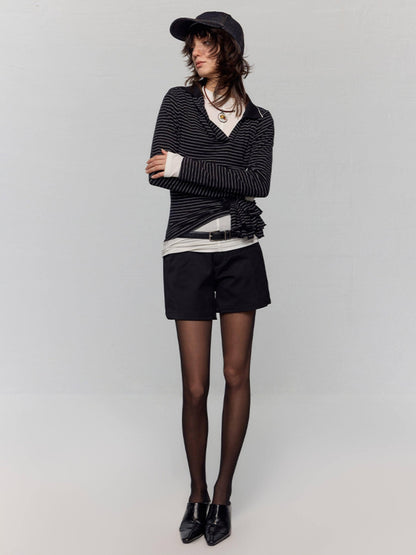 RUN TO THE FUTURE Slim Fit Ruffle Henley Black White Stripe Womens Wool Blend Long Sleeve T-Shirts