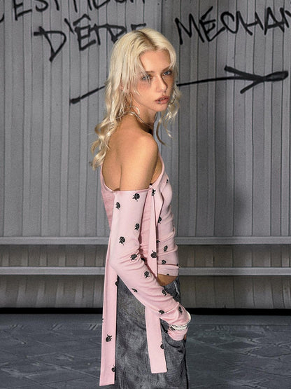 The NeverMore Soft Casual Slim Fit Pink Rose Floral Lyocell Women Long Sleeve Crop Tops