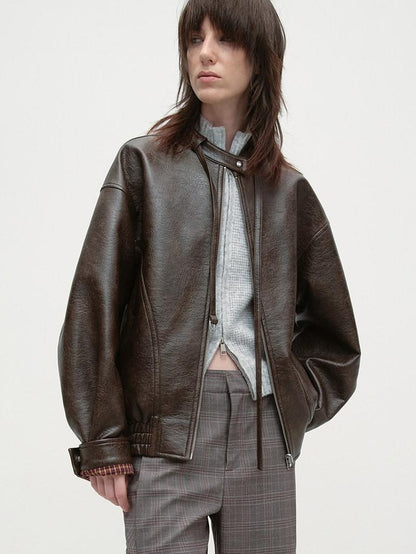 RUN TO THE FUTURE Vintage Brown Zipper Loose Fit Stand Collar Commuter Washed Leather Jackets