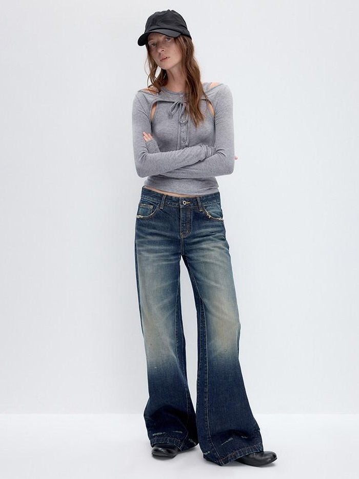RUN TO THE FUTURE Washed Deep Navy Low Rise Loose Fit Casual Denim Wide Leg Straight Jeans