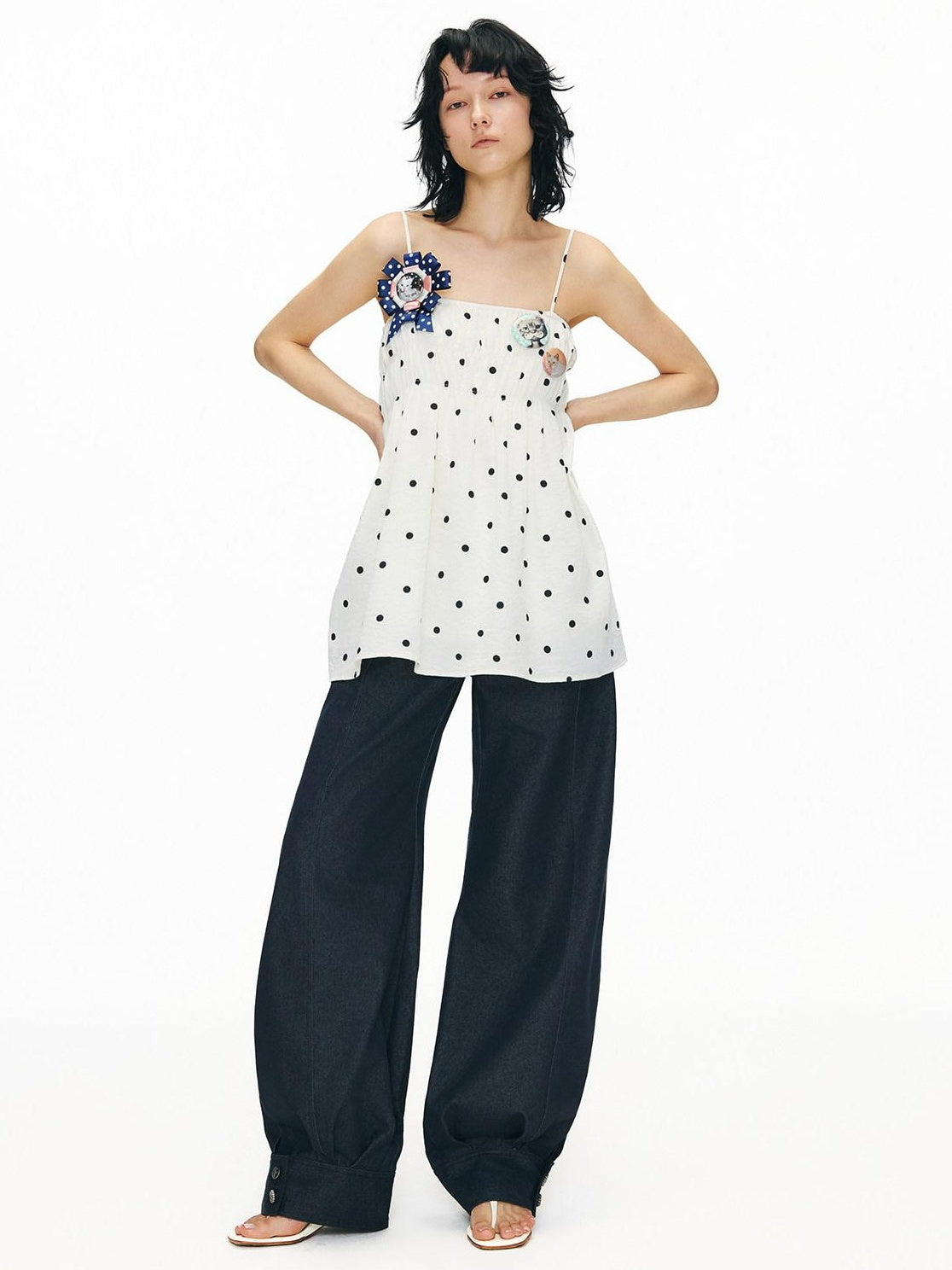 OuttheBlue Soft Cotton Loose Fit Polka Dot Spaghetti Strap Beige Slip Mini Dresses
