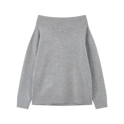RUN TO THE FUTURE Vintage Commuter Loose Tie Asymmetric Neck Women Grey Knit Long Sleeve T-Shirts