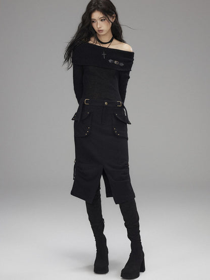 Low pixel Wool Blend Low Rise Cargo Pockets Front Slit Hline Casual Black Midi Skirts