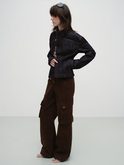 RUN TO THE FUTURE Vintage Asymmetric Fitted Waist Unisex Dark Indigo Cotton Button Denim Jackets