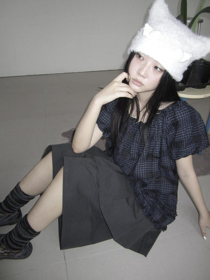 ang project Navy Plaid Lace Trim Ruffle Edge Puff Sleeve Women&