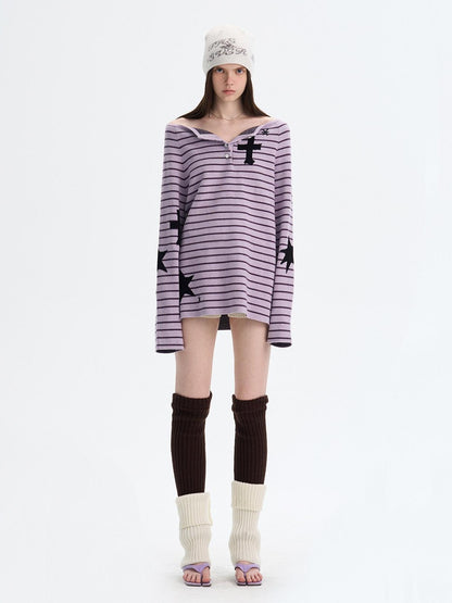 The NeverMore Sexy Colorblock Oversized Crewneck Short Striped Button Pullover Women Sweaters