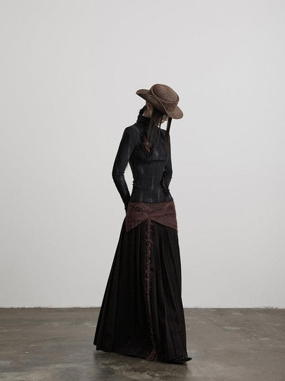 INDULGE Shape Retaining Patchwork Lined Mid Waist Wool Blend Women Burgundy Maxi Skirts