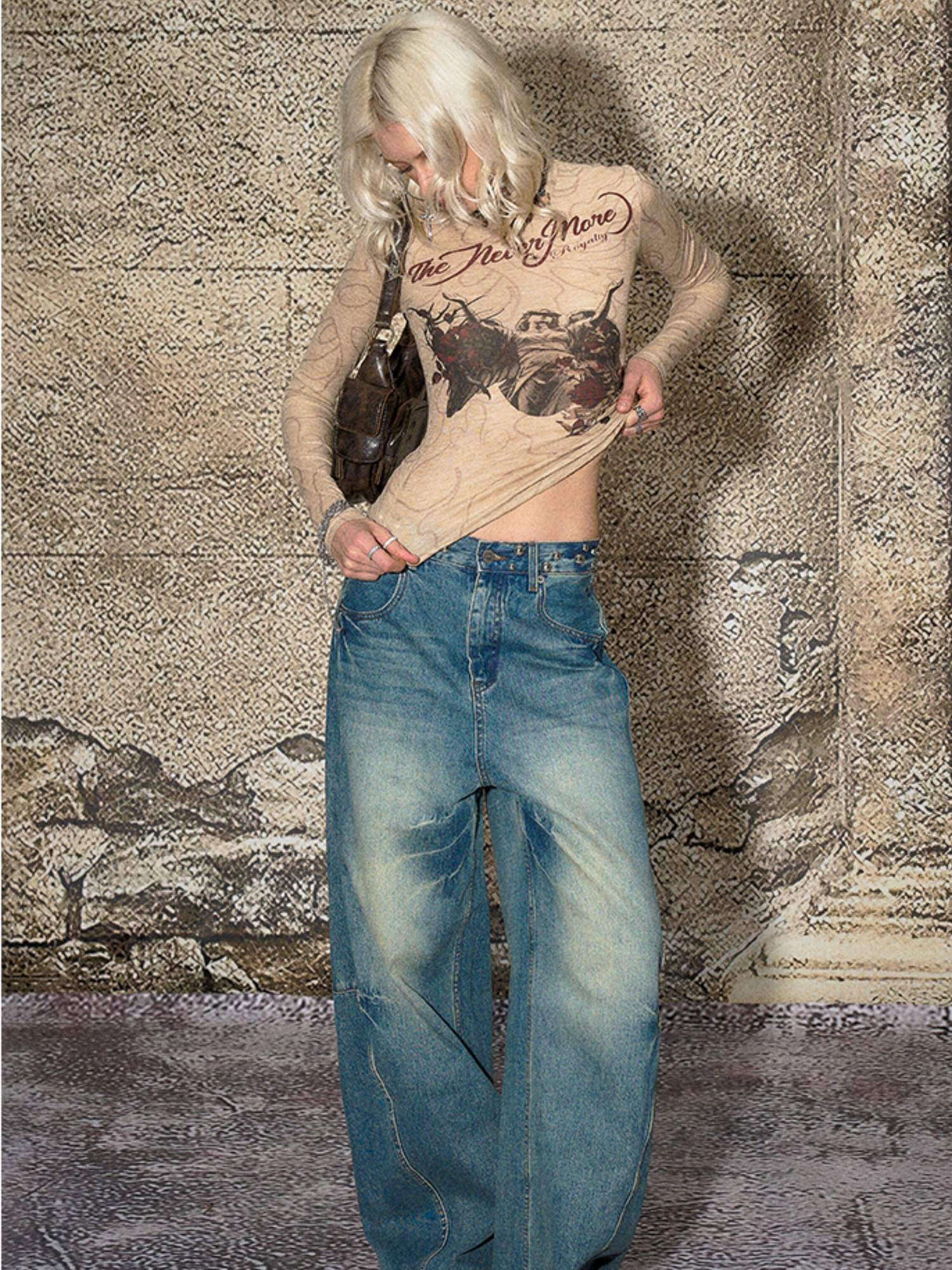 The NeverMore Durable Distressed Relaxed Loose Natural Waist Blue Denim Wide Leg Jeans