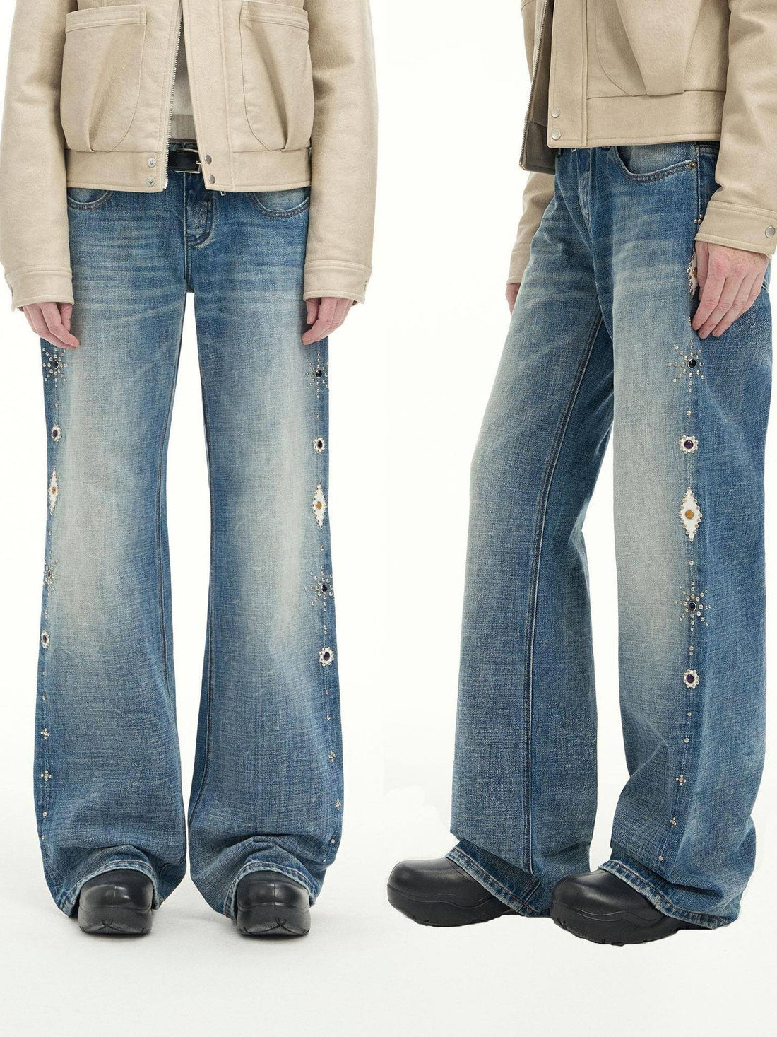 RUN TO THE FUTURE Washed Embroidered Low Rise Straight Cotton Button Fly Women Blue Wide-Leg Jeans