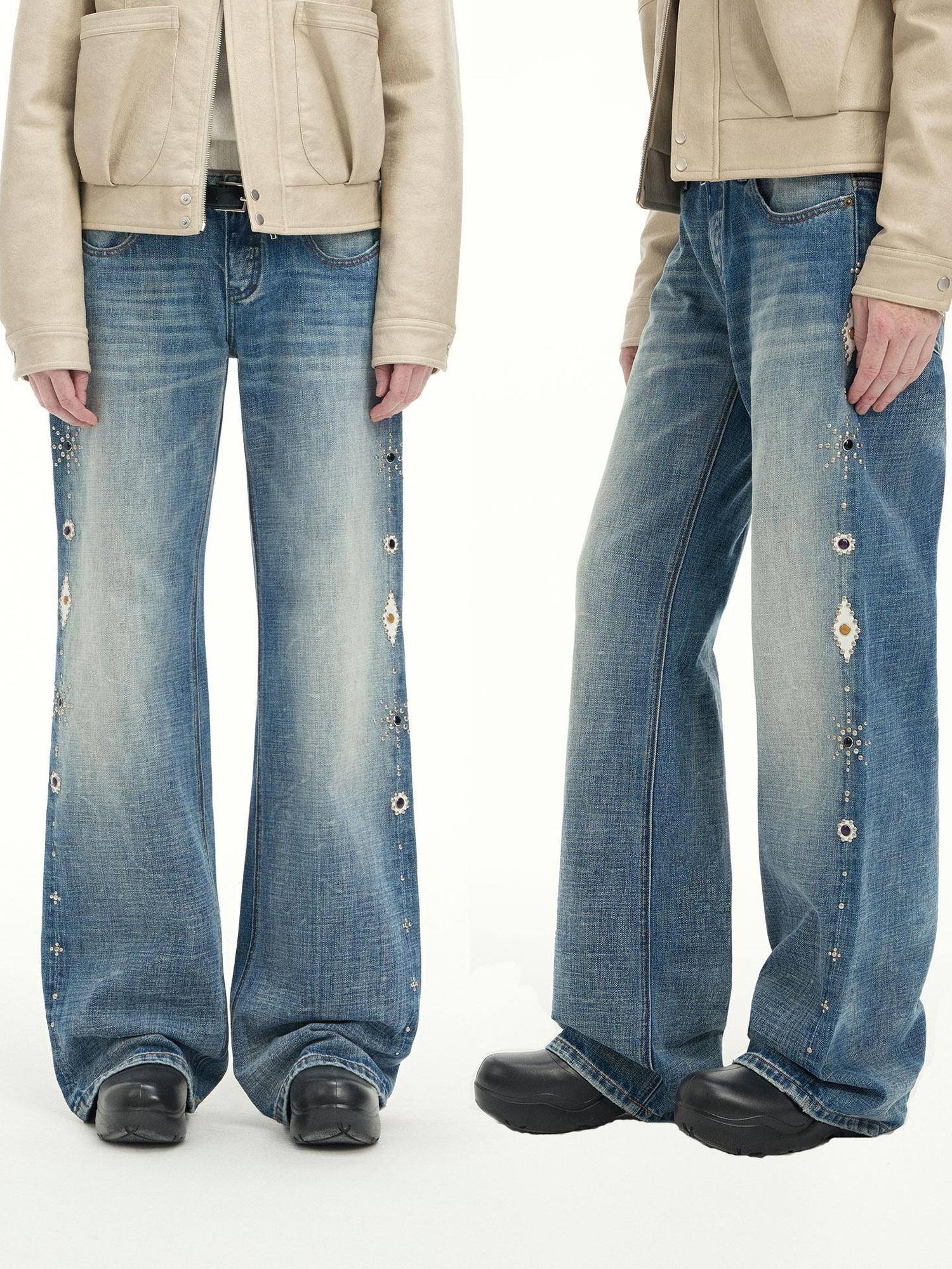 RUN TO THE FUTURE Washed Embroidered Low Rise Straight Cotton Button Fly Women Blue Wide-Leg Jeans