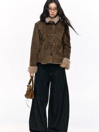 7Shiftin Fleece Lined Original Slim Stand Collar Button Coffee Pink Cropped Jackets