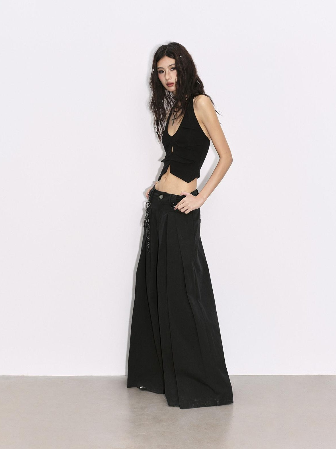 Low pixel Pleated Low Waist Relaxed Cotton Blend Black Women Wide Leg Pants