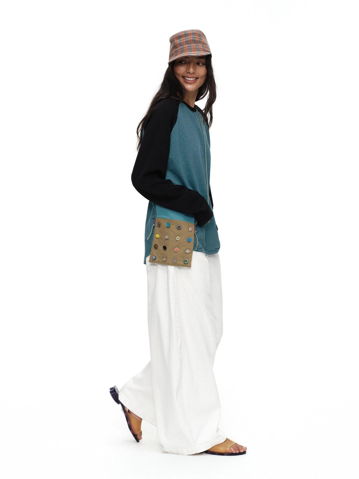 oinimi Khaki Stripe Button Badge Studded Square Women&