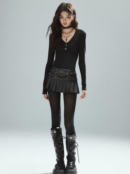 Low pixel Low Waist Pleated A Line Street Patchwork Chain Zipper Lined Black Mini Skirts