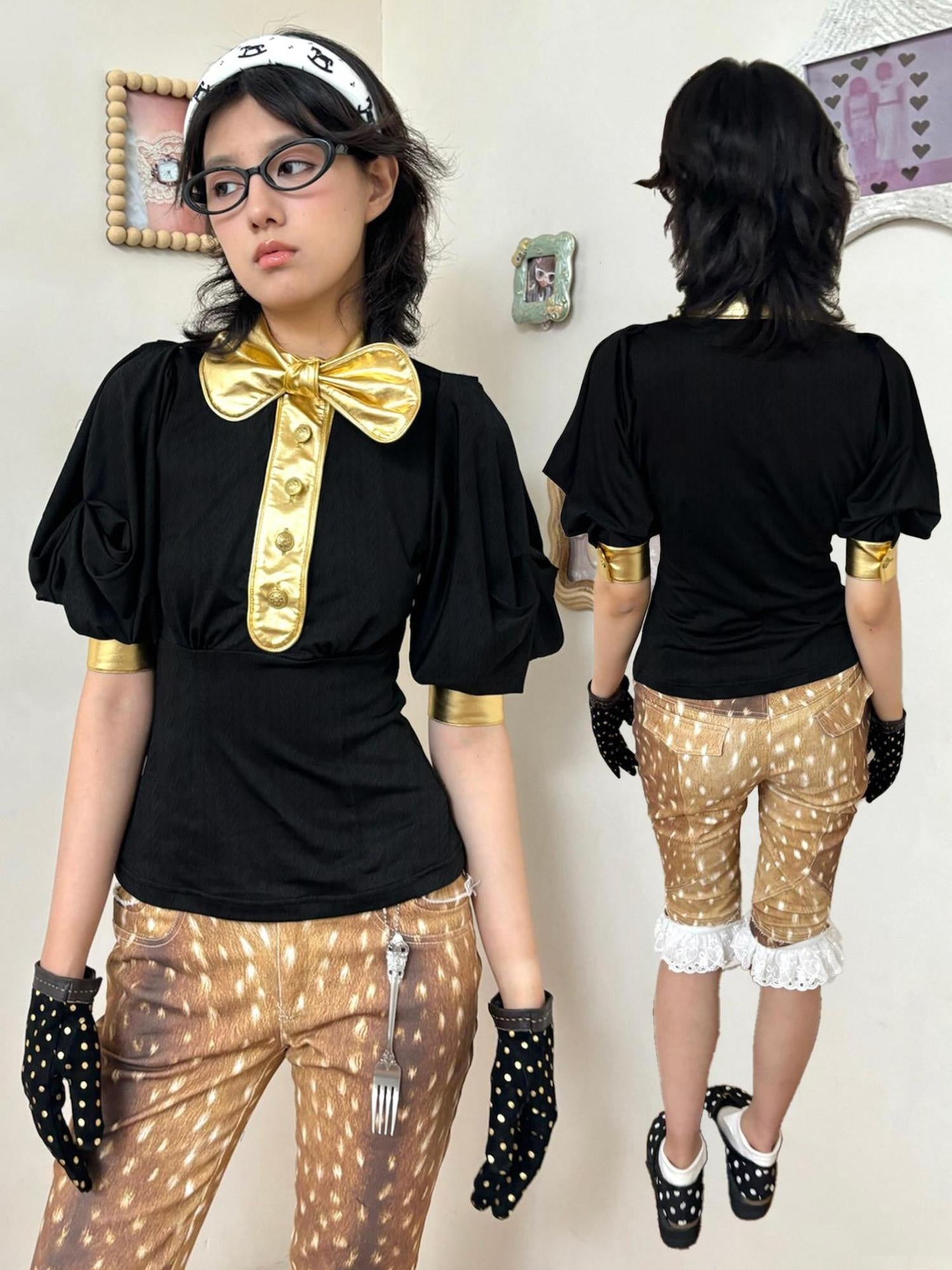 nit alcove Slimming Cute Loose Folded Princess Short Sleeve Unisex Shape Retaining Blouses