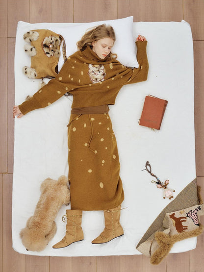 OuttheBlue Cozy Turtleneck Pullover Waist Cinched Casual Animal Print Knit Top &amp; Skirt Sets
