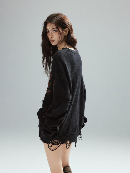 Low pixel Warm Oversized Street Style Distressed Hem Women Black Knit Pullover Sweaters