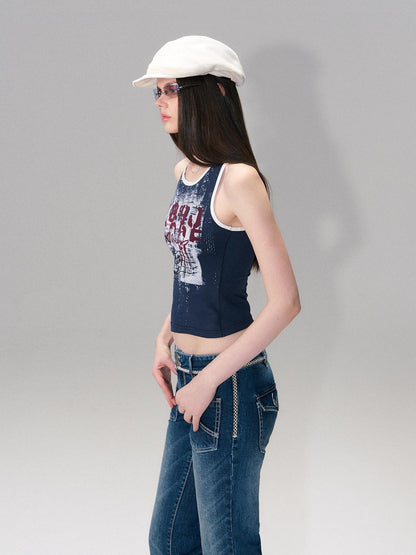 The NeverMore Soft Stretch Cotton Slim Fit Round Neck Printed Cropped Women Navy Camisoles
