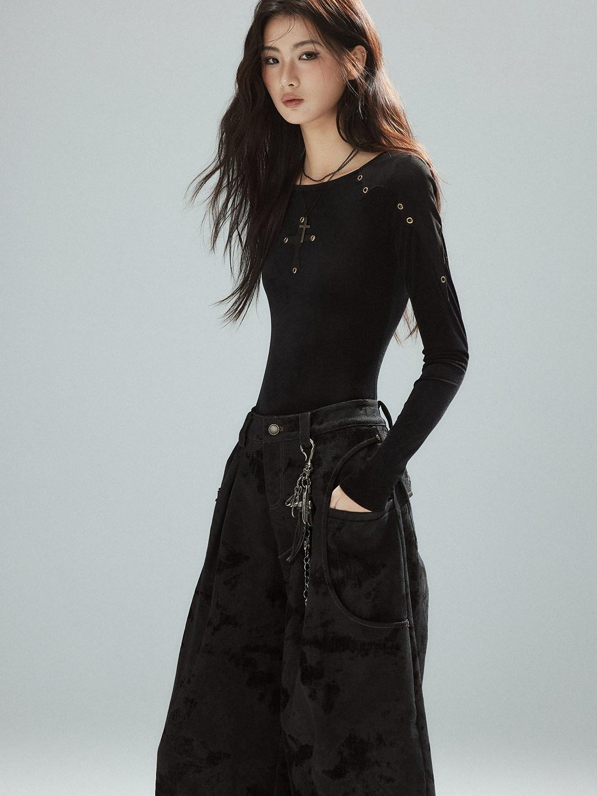 Low pixel Slim Fit Patchwork Casual Crewneck Black Stretch Young Women Long Sleeve T-Shirts