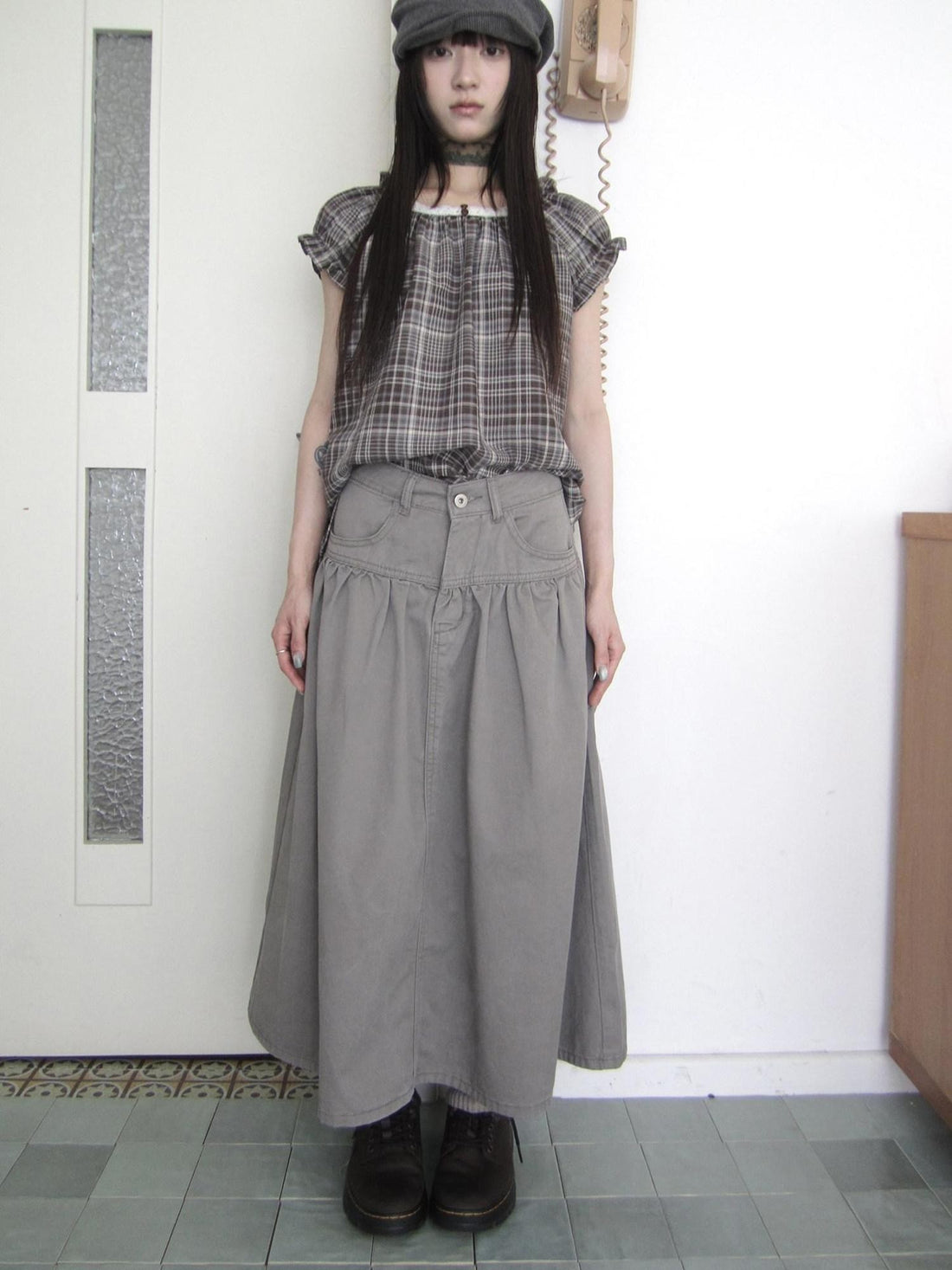 ang project Vintage Distressed Pleated High Waist A Line Women&