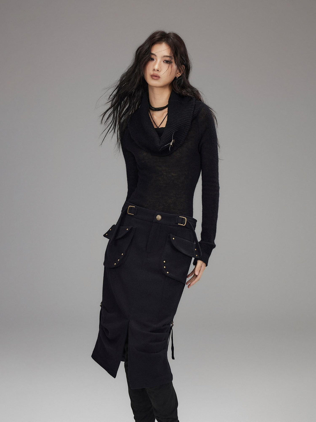 Low pixel Wool Blend Low Rise Cargo Pockets Front Slit Hline Casual Black Midi Skirts