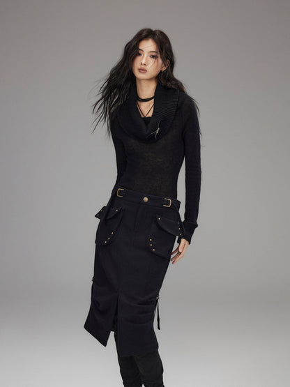Low pixel Wool Blend Low Rise Cargo Pockets Front Slit Hline Casual Black Midi Skirts