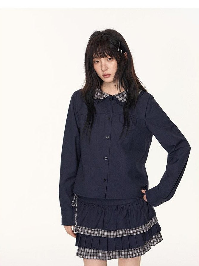 NAPSNAPS Navy Plaid Patchwork Doll Collar Faux Two Piece Women&