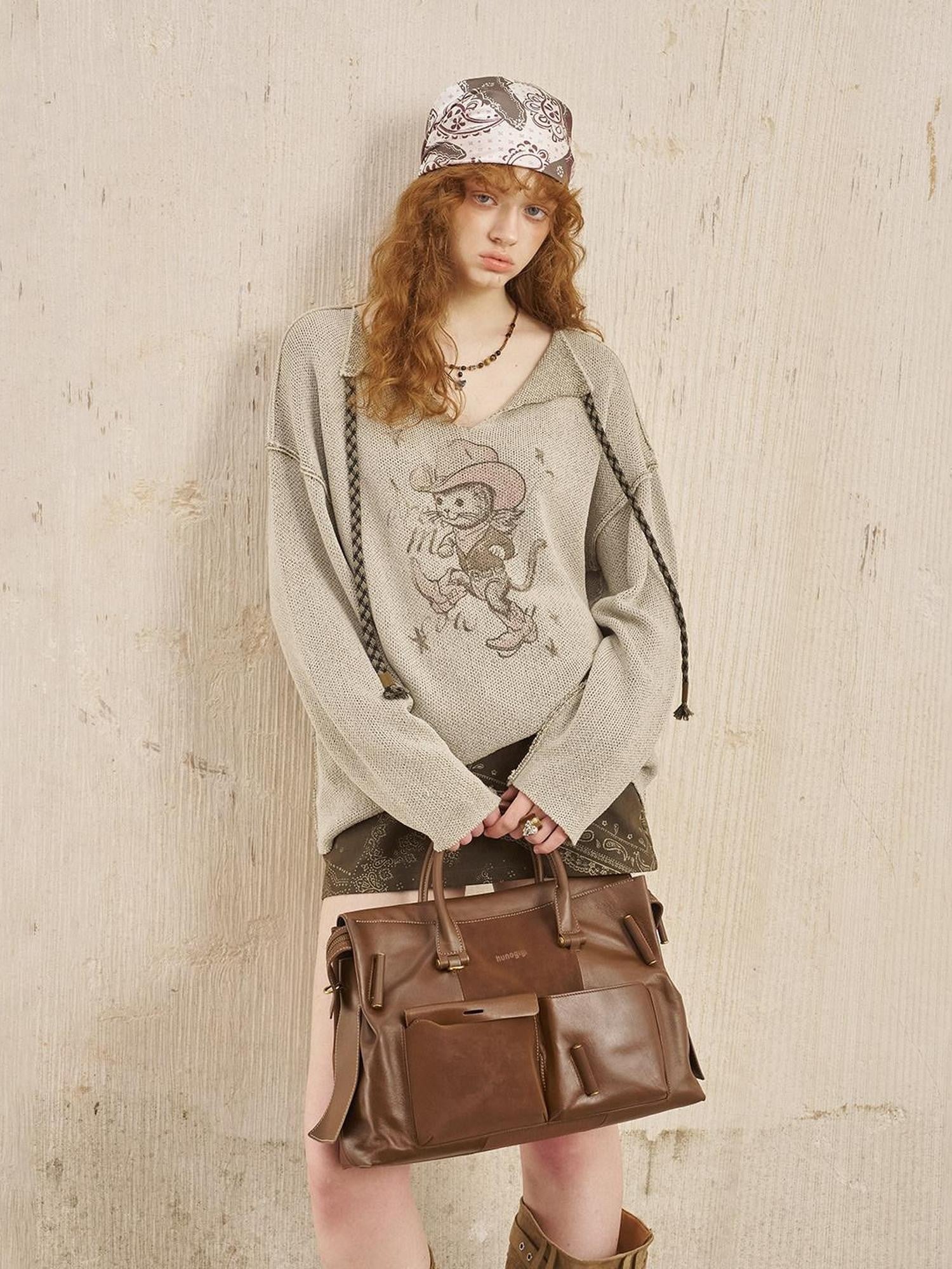 DIDDI MODA Cat Print Patchwork V-neck Loose Women&