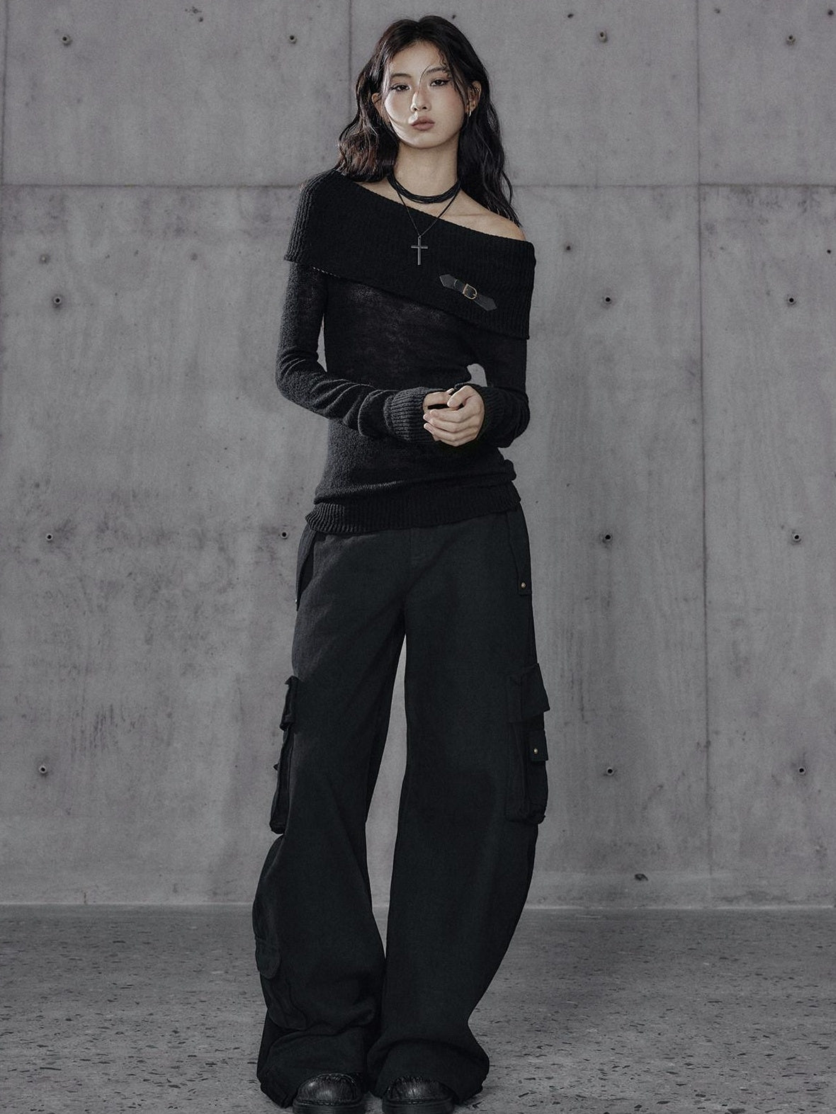Low pixel Washed Low Rise Wide Leg Utility Loose Fit Womens Black Cargo Pants