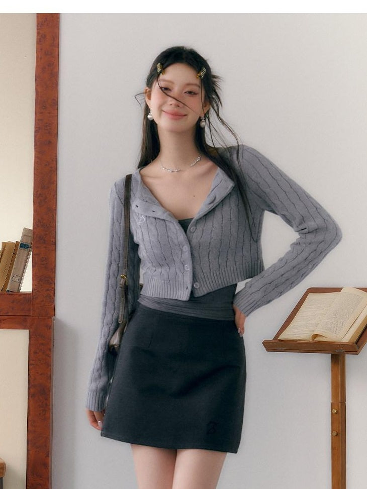 7Shiftin Button V-neck Cardigan Women Workwear Solid Grey Camisole Skirt Top &amp; Skirt Sets