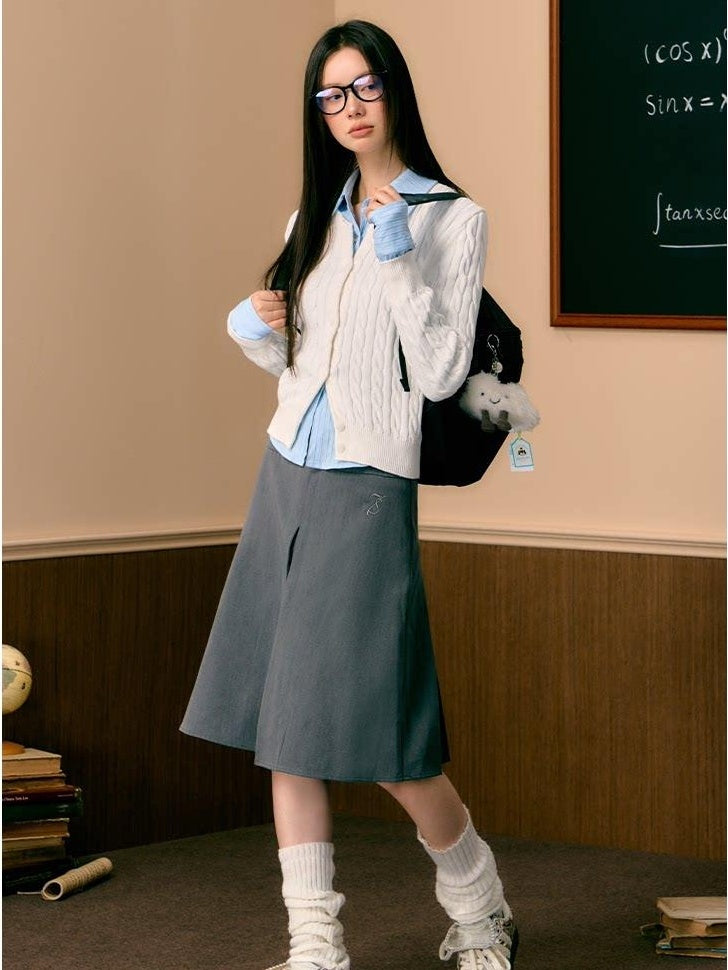 7Shiftin High Waist A Line Button Detail Workwear Grey Office Midi Skirts