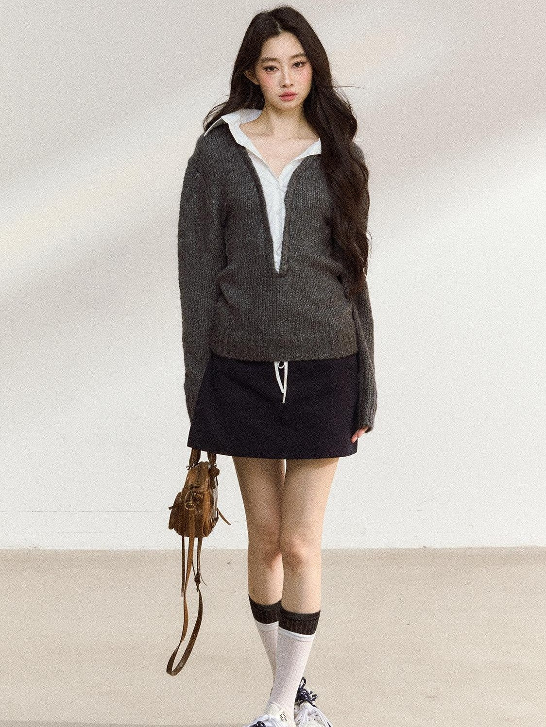 7Shiftin Cozy Acrylic Wool Blend Mock Layered American Pullover Women Deep Gray Sweaters