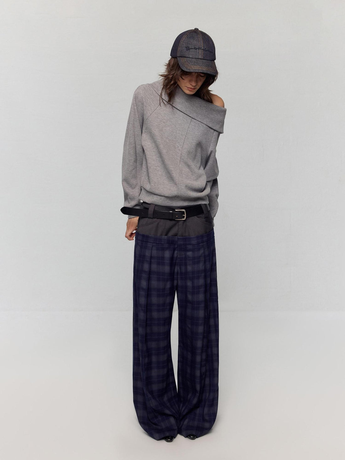 RUN TO THE FUTURE Original Double Waist Pockets Low Rise Wide Leg Women Blue Grey Plaid Chinos
