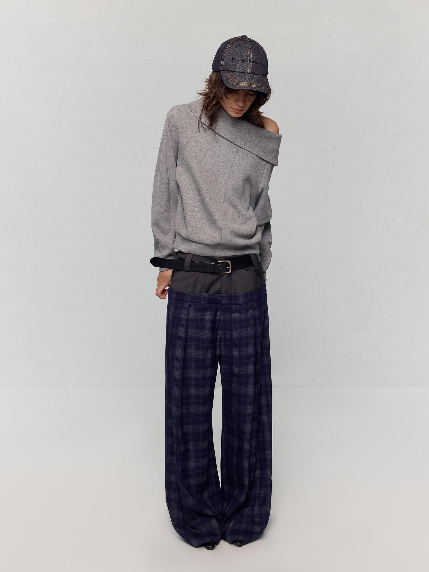 RUN TO THE FUTURE Original Double Waist Pockets Low Rise Wide Leg Women Blue Grey Plaid Chinos