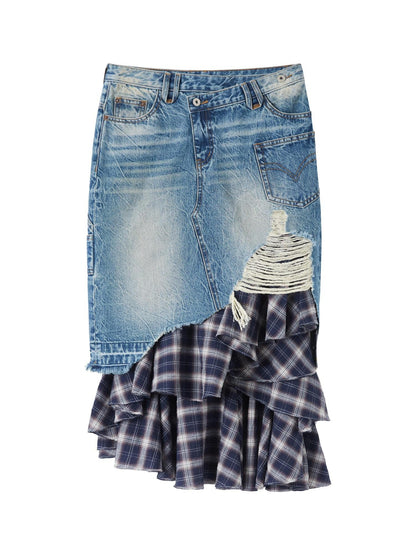 RUN TO THE FUTURE Vintage Patchwork Distressed Low Waist Slim A Line Denim Women Midi Skirts