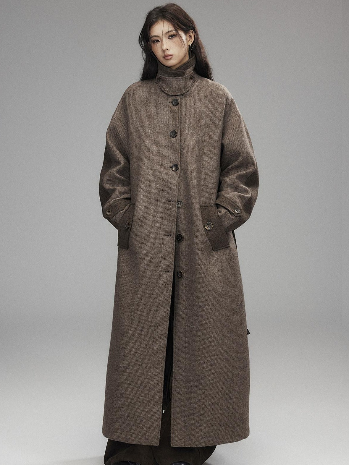 Low pixel Wool Blend Thick Colorblock Oversized Stand Collar Single Breasted Wool Coats