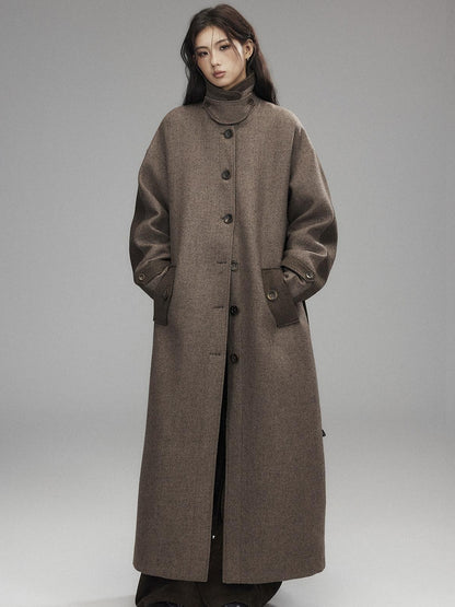 Low pixel Wool Blend Thick Colorblock Oversized Stand Collar Single Breasted Wool Coats