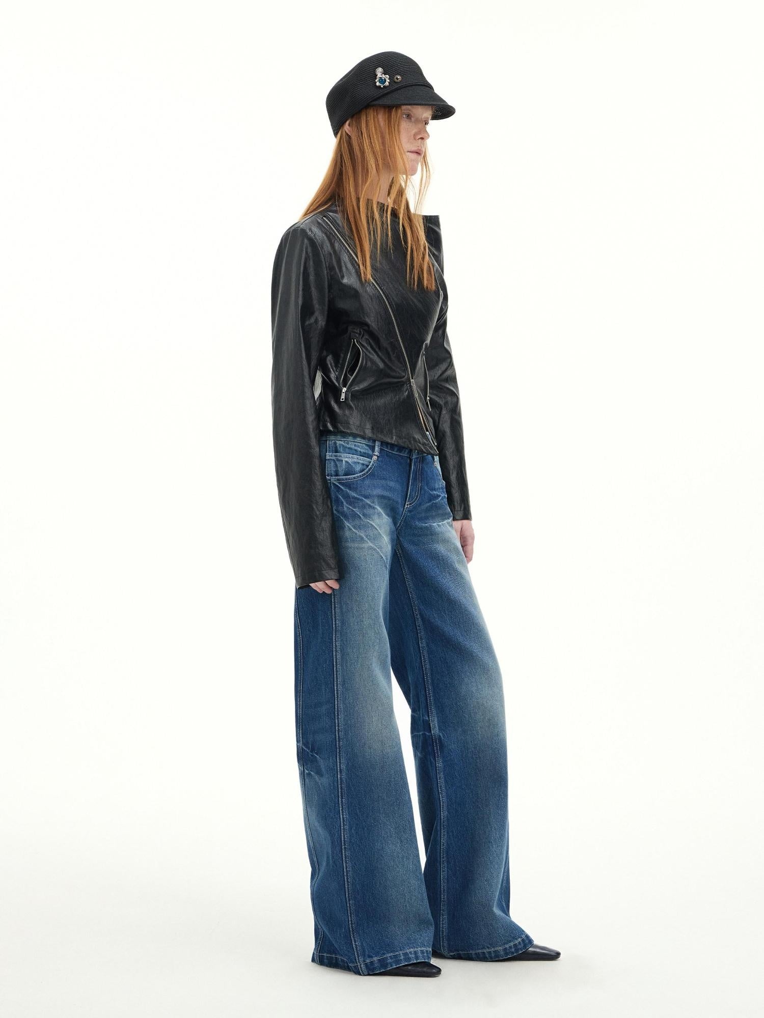 RUN TO THE FUTURE Vintage Blue Washed Mid Rise Cotton Zipper Women No Stretch Straight Jeans