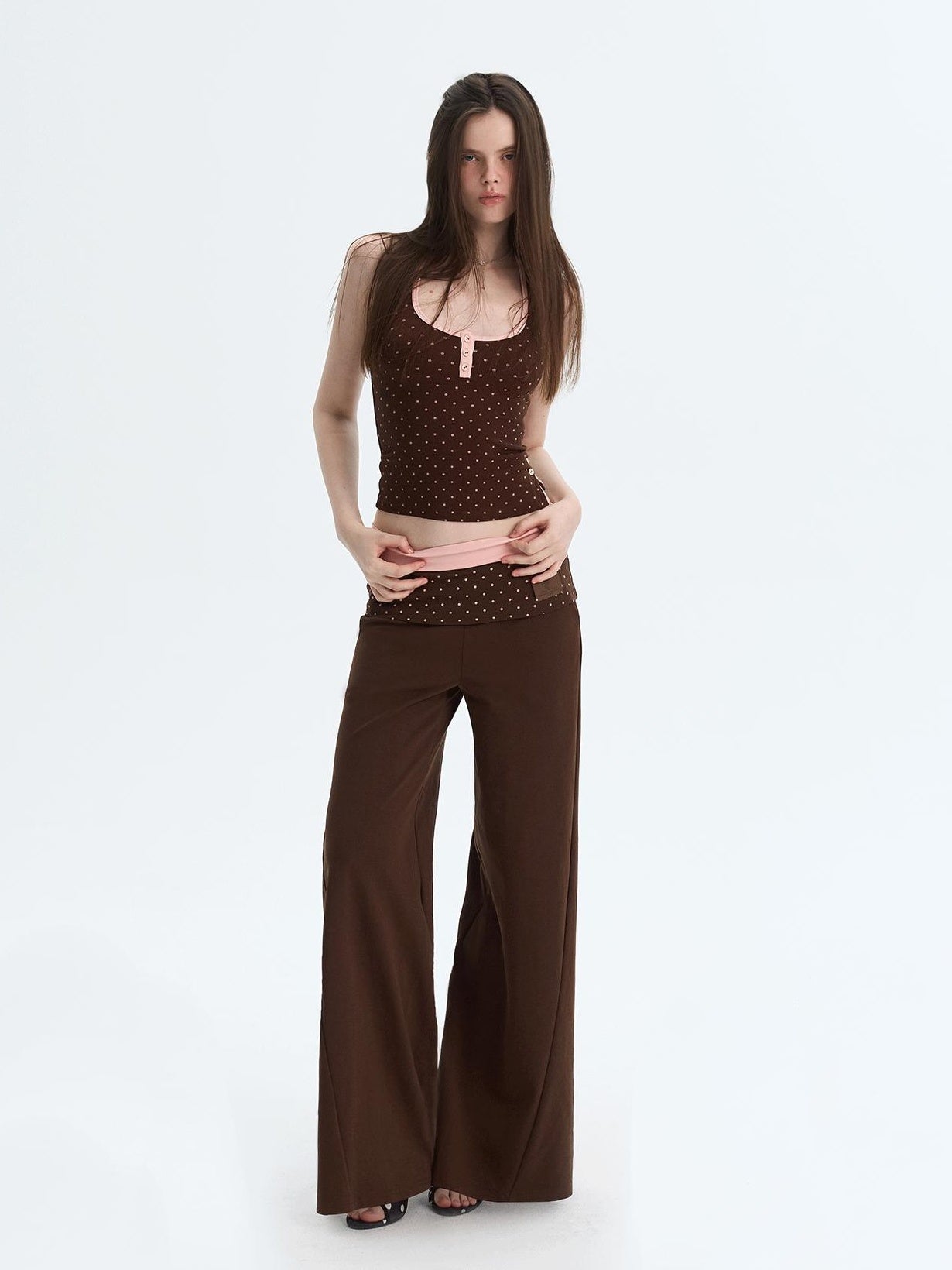 The NeverMore Polka Dot Patchwork Three Piece Long Sleeve Women Long Pants Top &amp; Pants Sets