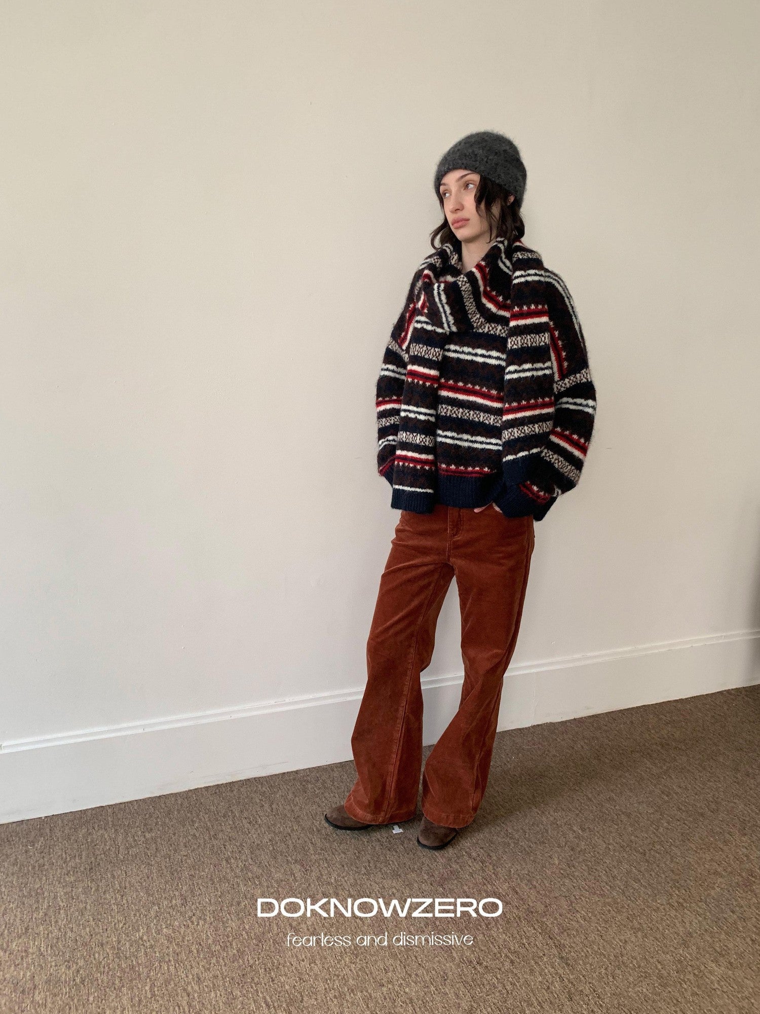 DKZ OFFICIAL Retro Striped Jacquard Two Piece Scarf Pullover Women&