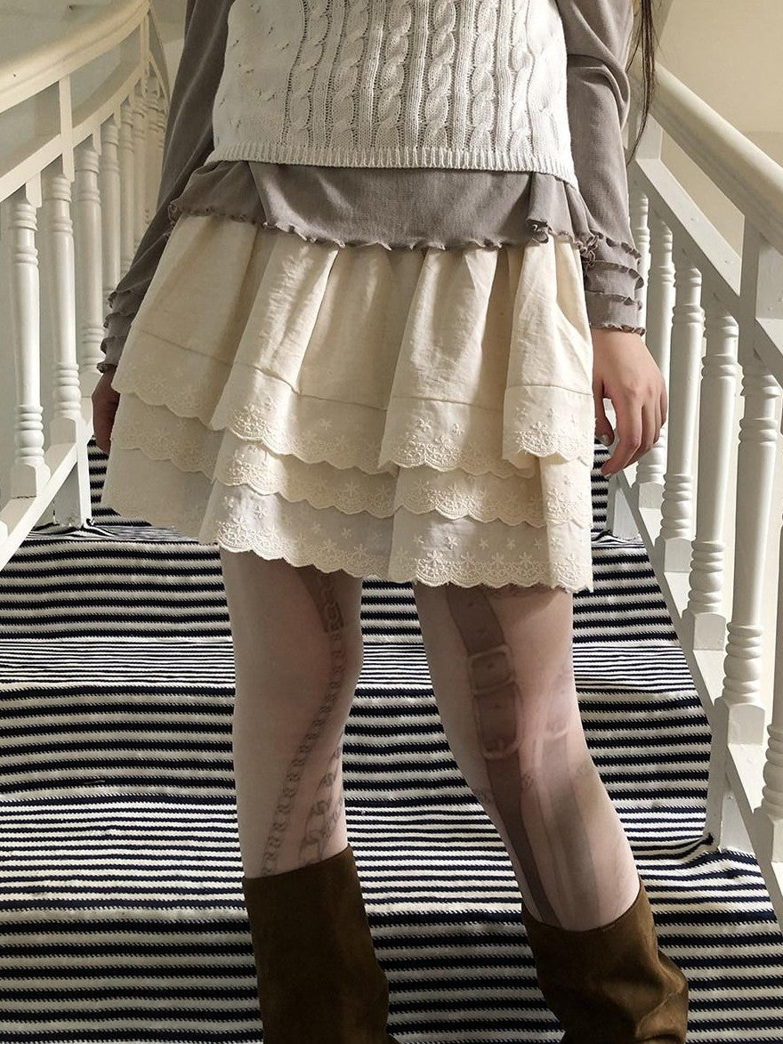 ang project Light Apricot Lace Spliced Embroidered High Waist Elastic A Line Women&