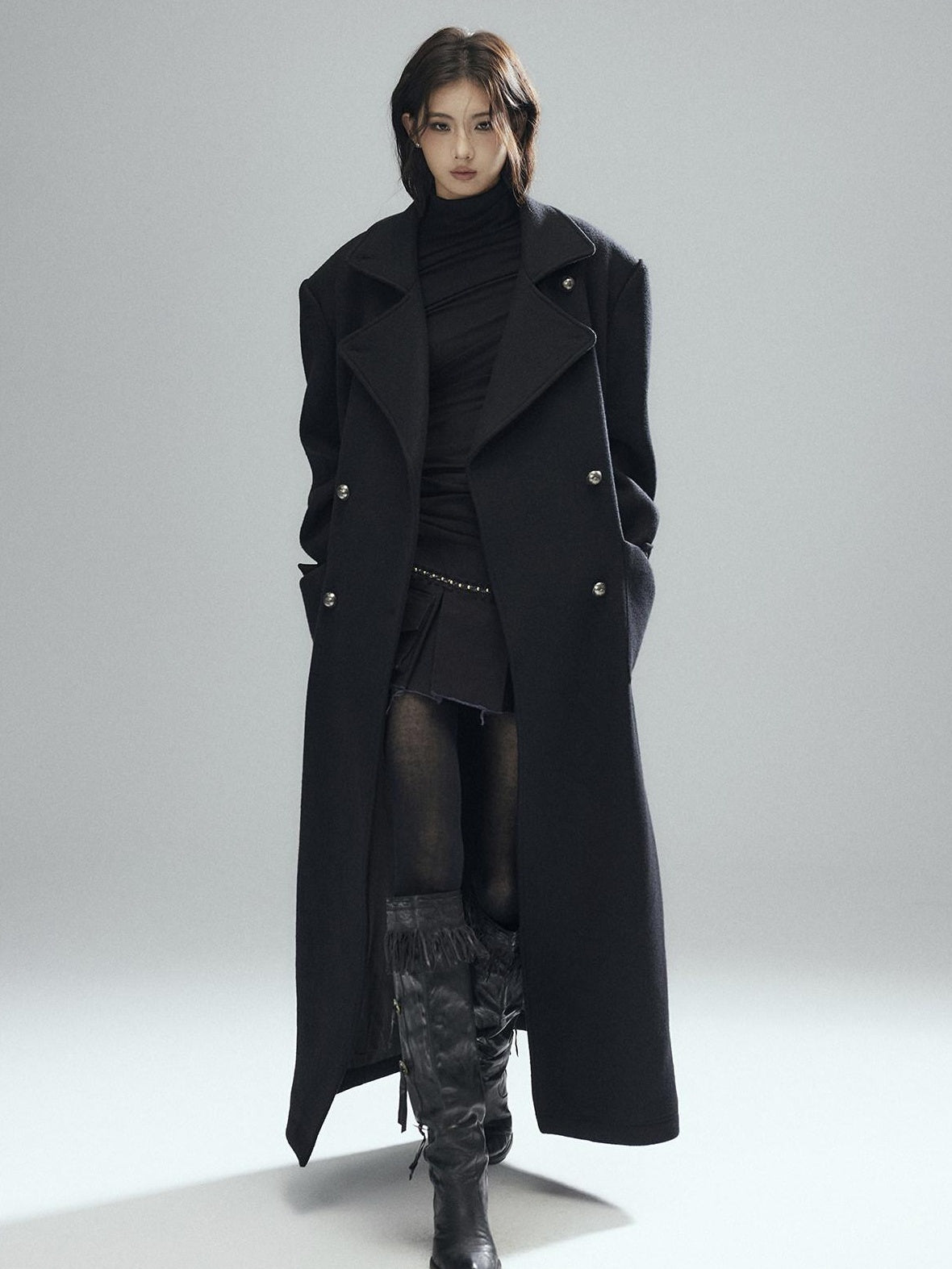 Low pixel Warm Wool Blend Street Oversized Double Breasted Notch Collar Black Wool Coats