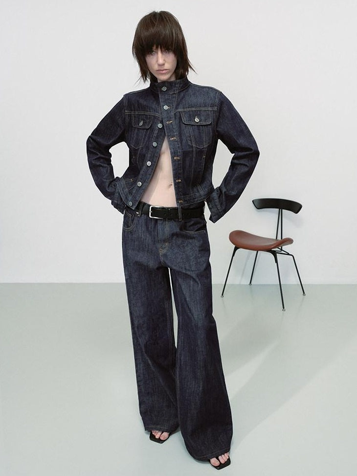 RUN TO THE FUTURE Indigo Two Piece Denim Set Button Jacket Casual Neutral Female Wide-Leg Jeans