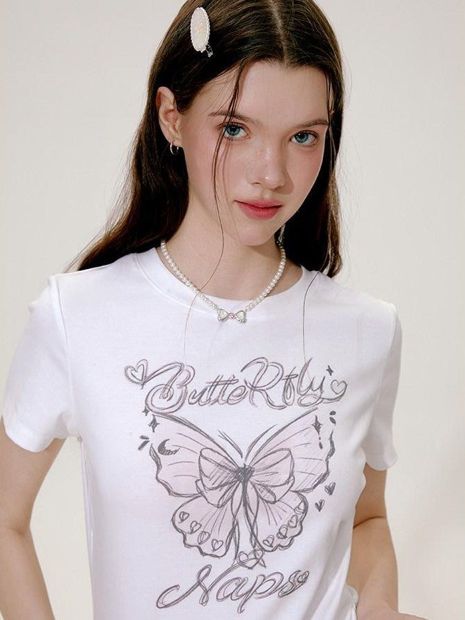 NAPSNAPS Hand Drawn Butterfly Print Slim Cropped Women&