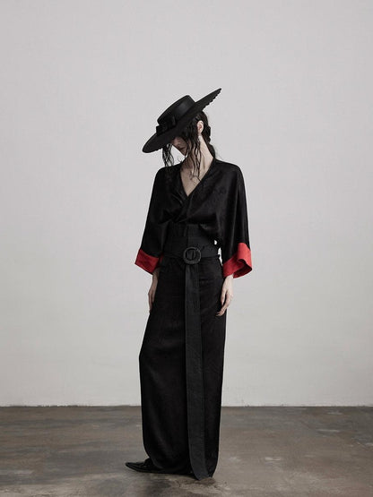 INDULGE Gothic V-neck Viscose Flared Loose Casual Womens Black Trench Coats